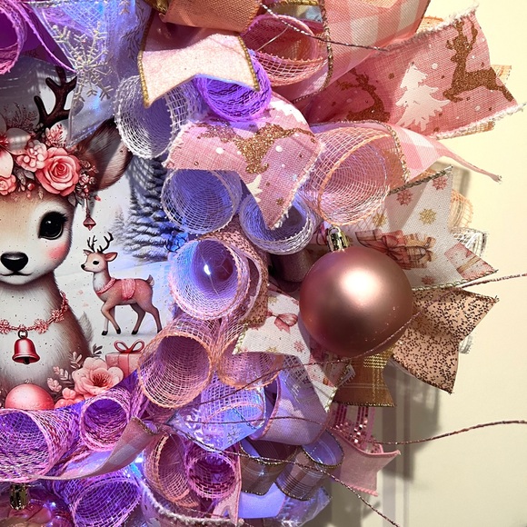 Handmade Pink Winter Floral Reindeer Holiday Ribbon Door Wreath 22 ins W82 - Picture 7 of 12